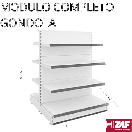 MODULO COMPLETO GONDOLA ZAF H 205 L100 P40 X BASE + 4 RIP. BIANCO